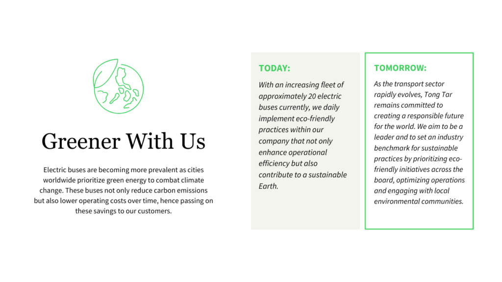 Greener With Us - Electric buses are becoming more prevalent as cities worldwide prioritize green energy to combat climate change. These buses not only reduce carbon emissions but also lower operating costs over time, hence passing on our savings to our customers. With an increasing fleet of approximately 20 electric buses currently, we continue to implement these eco-friendly practices that not only enhance operational efficiency but also contribute to a sustainable Earth.